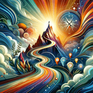 A vibrant image depicting the transformative journey of leadership, featuring a winding path leading to a mountain peak with milestones, a compass for direction, symbolizing empowerment and personal development.