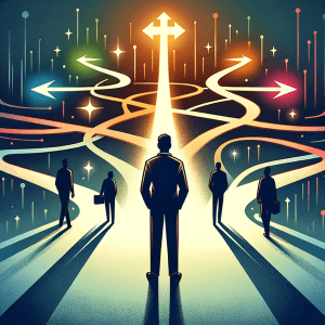 Leader at a crossroads with multiple illuminated paths, symbolizing choices in leadership development