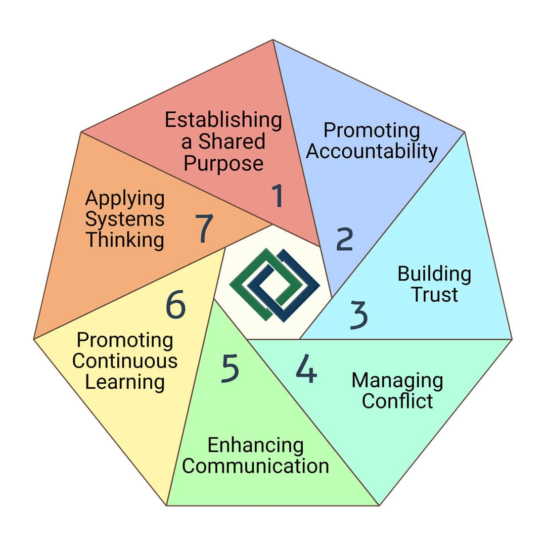 Infographic summarizing the seven cornerstones of effective team coaching with icons for each principle.