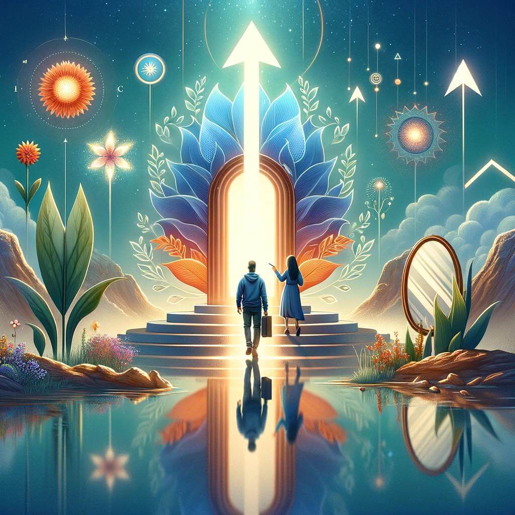 A serene and inspiring representation of a coach leading an individual towards growth and enlightenment, symbolizing the journey of professional development under coach supervision.