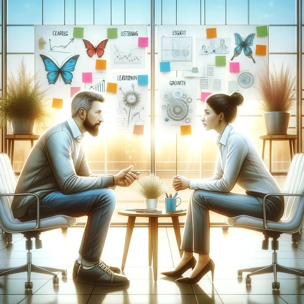 A coach and leader engaging in a transformative coaching session