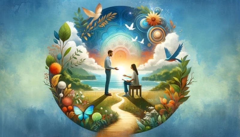 Essence of the life coaching journey, showing the transformative process with a client and a life coach