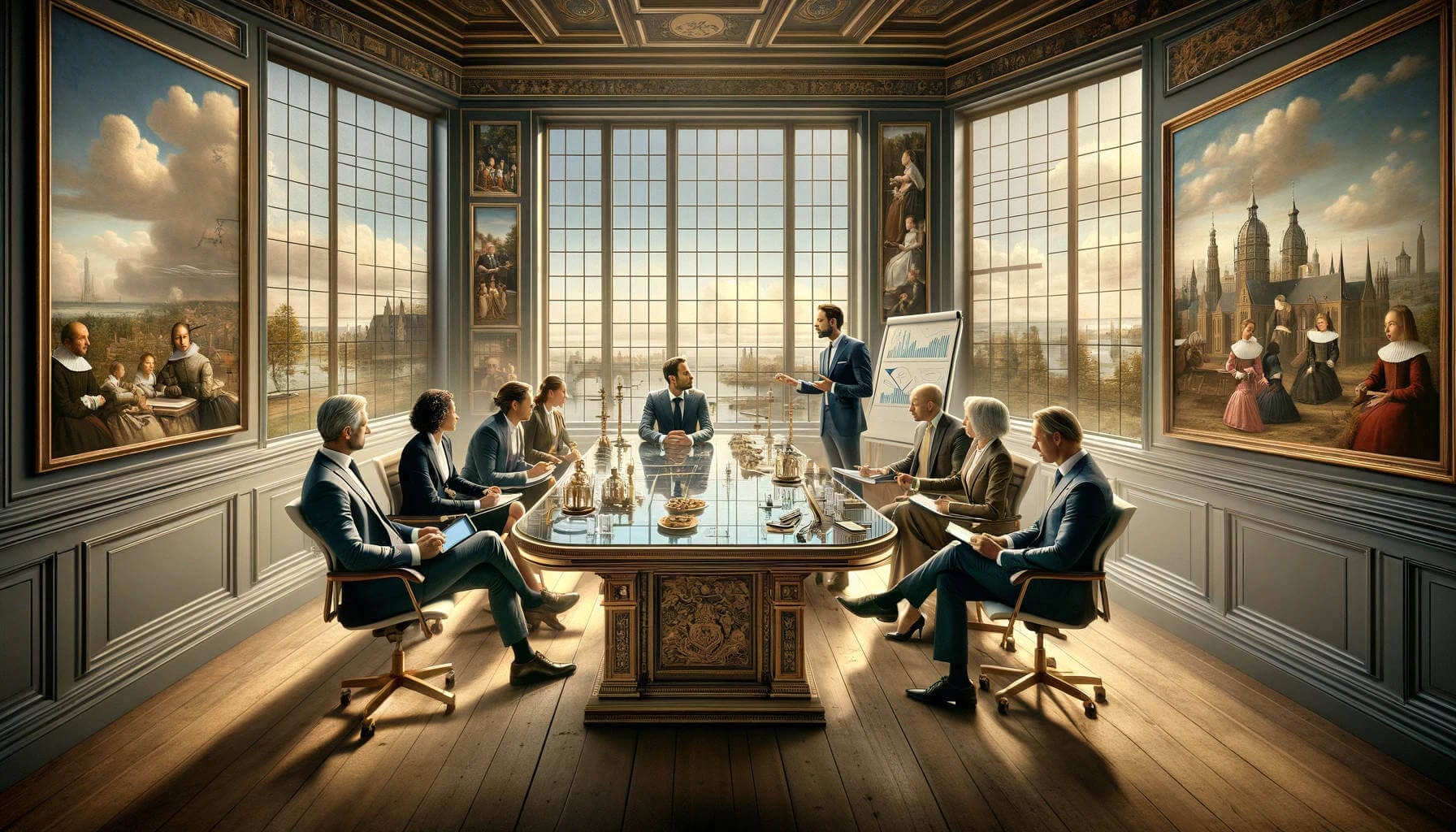 A landscape depiction of a modern leadership coaching session inspired by 16th-century Dutch art, highlighting executives in contemporary business attire amidst strategic planning tools.