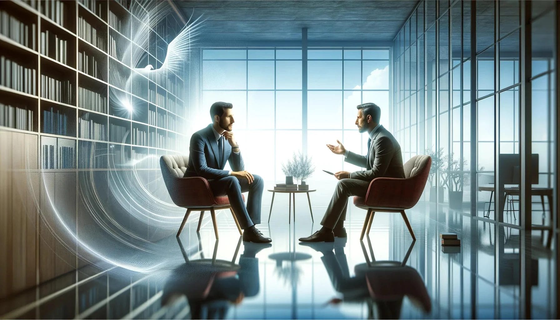 Professional executive coach and a business leader are engaged in a deep, productive conversation