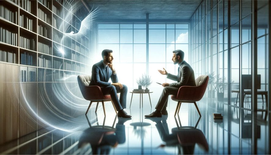 A modern office setting where an executive coach and a business leader are engaged in a meaningful conversation, symbolizing the path to personal and professional growth. The Transformative Journey of Executive Coaching