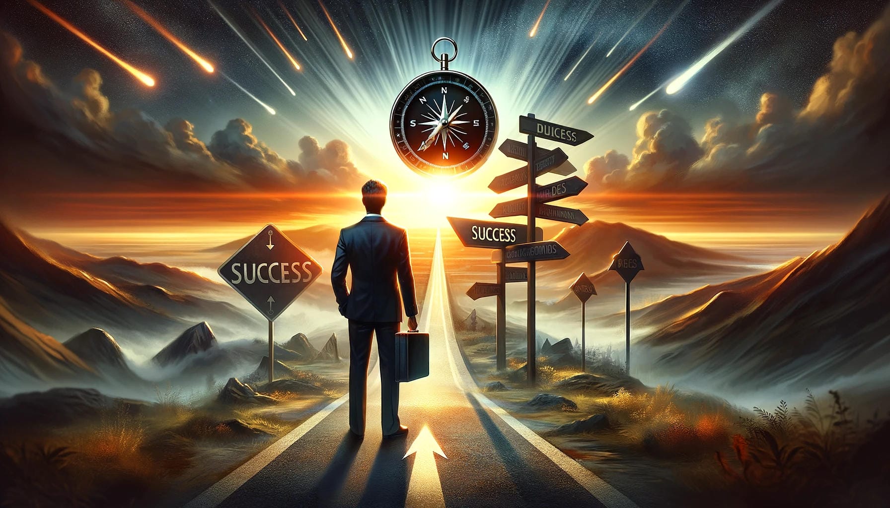 Professional standing at the crossroads of their career, looking towards a horizon