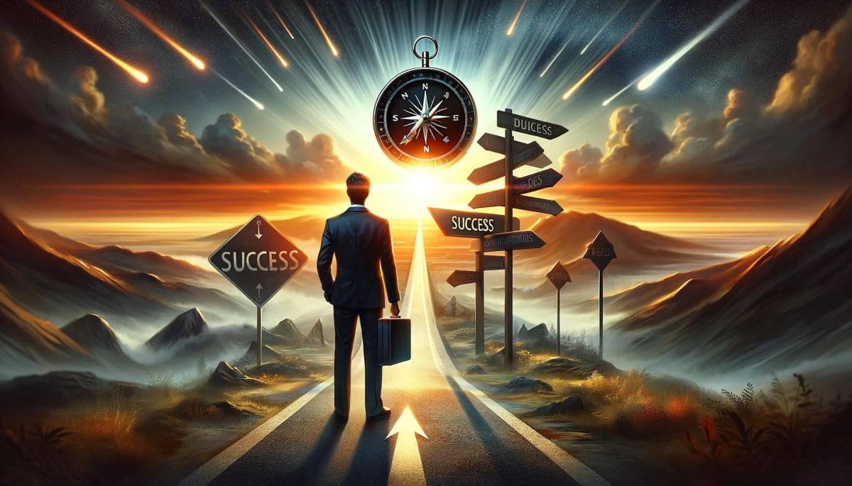 Professional standing at the crossroads of their career, looking towards a horizon. Professional standing at the crossroads of their career, looking towards a horizon