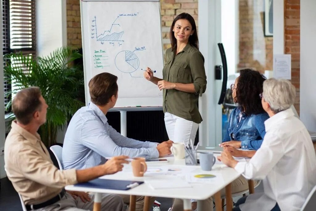 Professional team meeting with a whiteboard presentation.