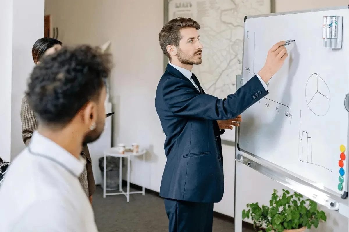 Professional presenting data on a whiteboard to colleagues in a business meeting.