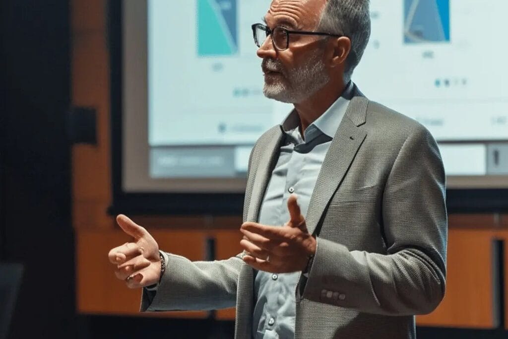 Senior businessman delivering a presentation in front of a screen.