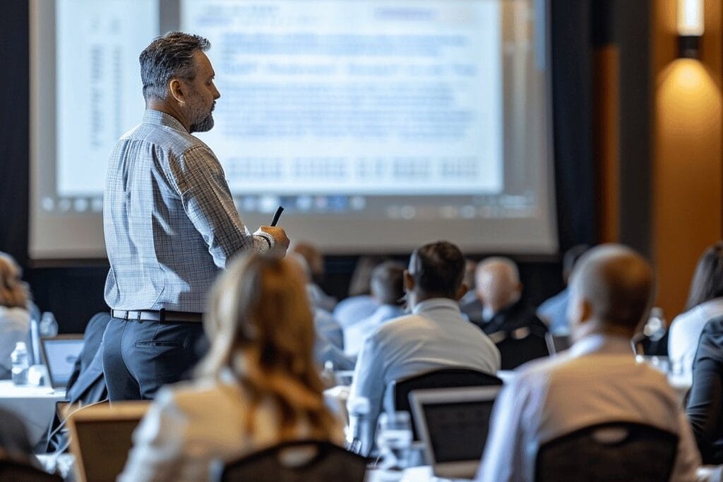 A man stands confidently at a podium, presenting to an engaged audience in a spacious conference room.
