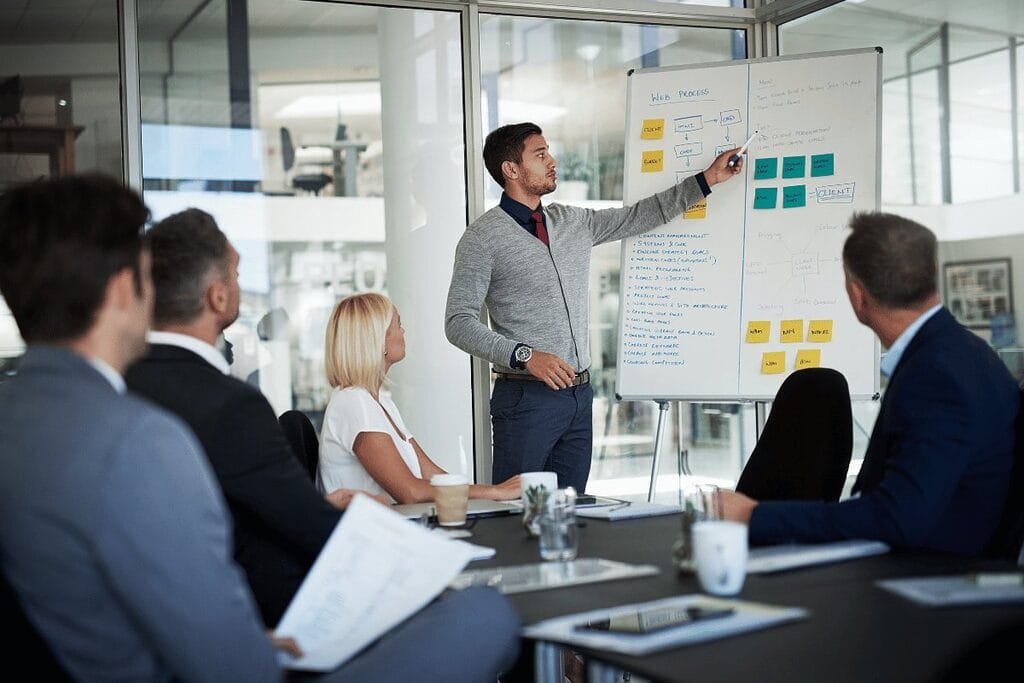 Man presenting to colleagues in a business meeting with a flip chart.