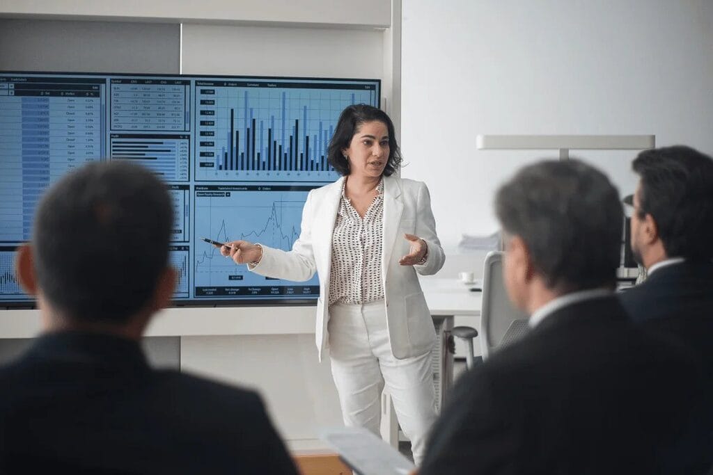 Professional business presentation with graphs and charts.