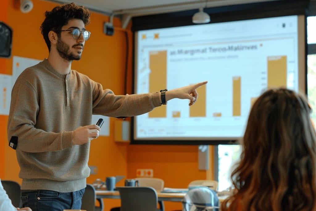 Person presenting a graph on a screen to an audience in a meeting room.