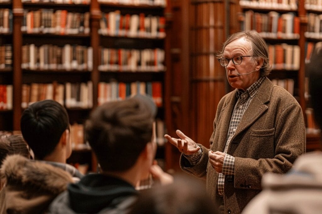 A man addresses an audience in a library, engaging them with his speech amidst bookshelves and study areas.