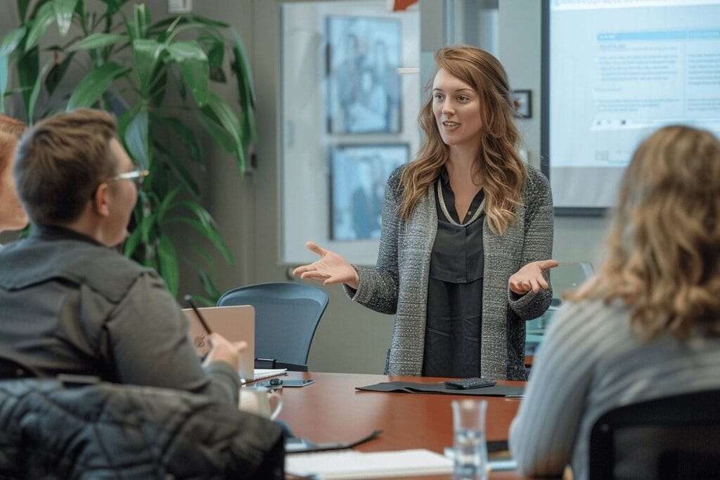 A woman addresses a group of individuals in a meeting room, engaging them with her presentation.