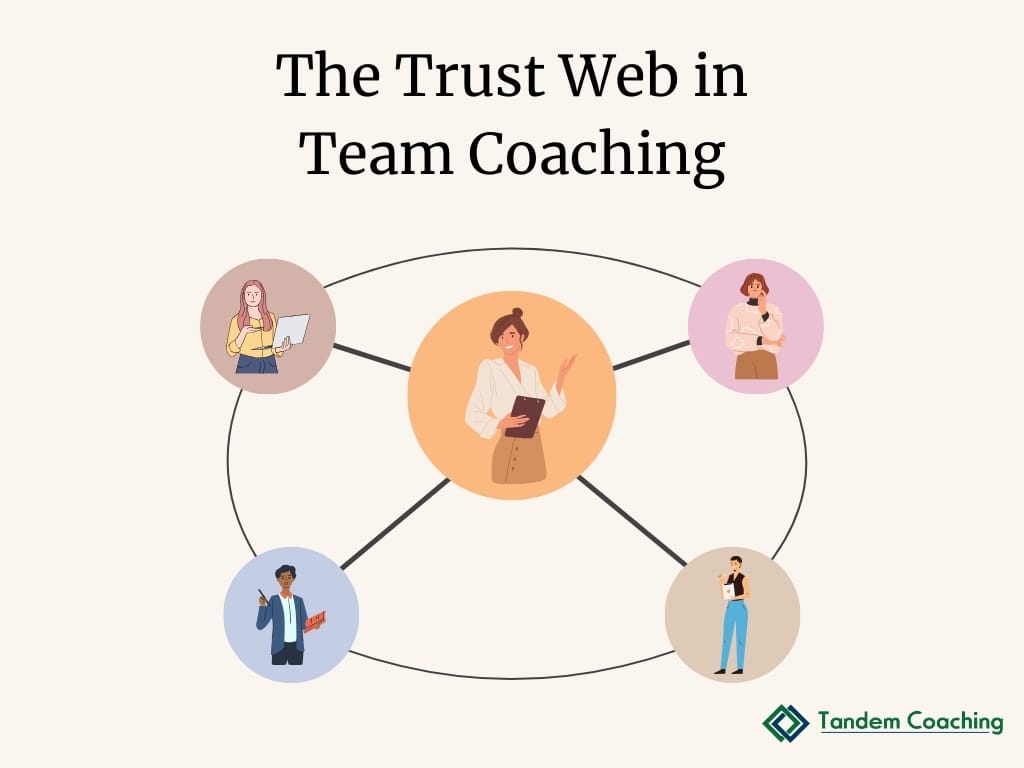 A web diagram showing interconnected trust relationships within a team, including coach-team trust, peer-to-peer trust, and individual reflection.