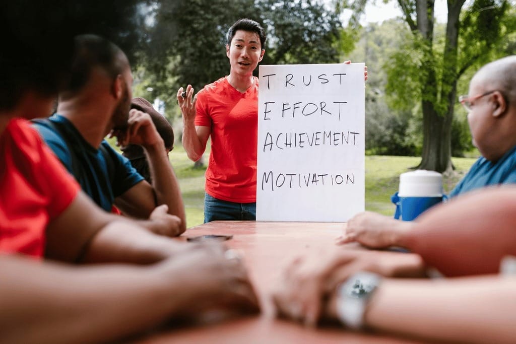 Team building outdoor session with a coach presenting a motivation strategy on a whiteboard to group members.