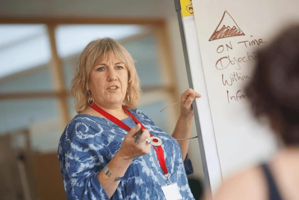 Woman presenting at a meeting with a whiteboard.