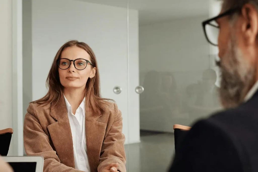Professional woman engaged in a business discussion.