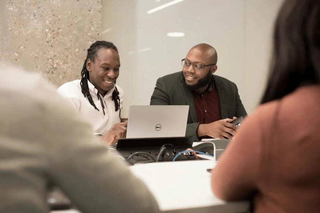 A diverse group of professionals in a brainstorming session.