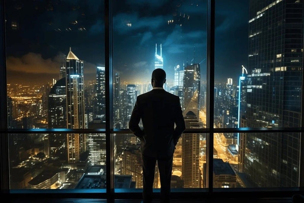 An executive gazing out at a night cityscape from a high-rise building.