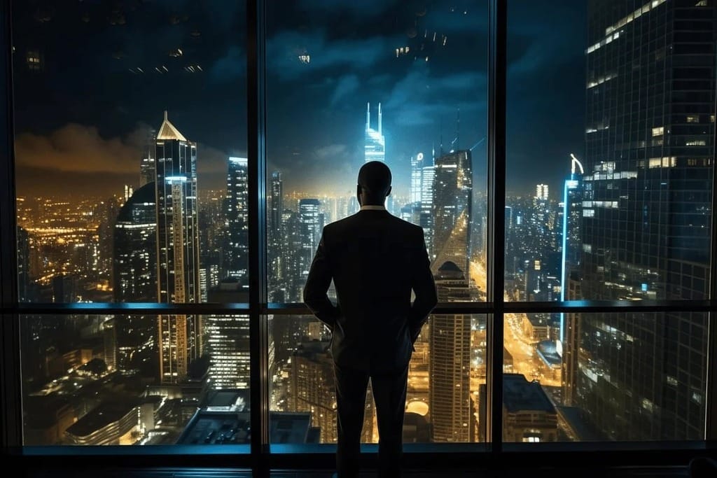 An executive gazing out at a night cityscape from a high-rise building.