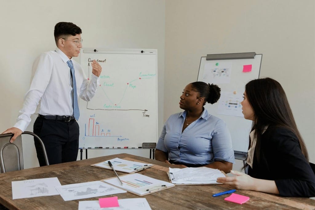 Business meeting with a man presenting a commitment curve to colleagues on a whiteboard.