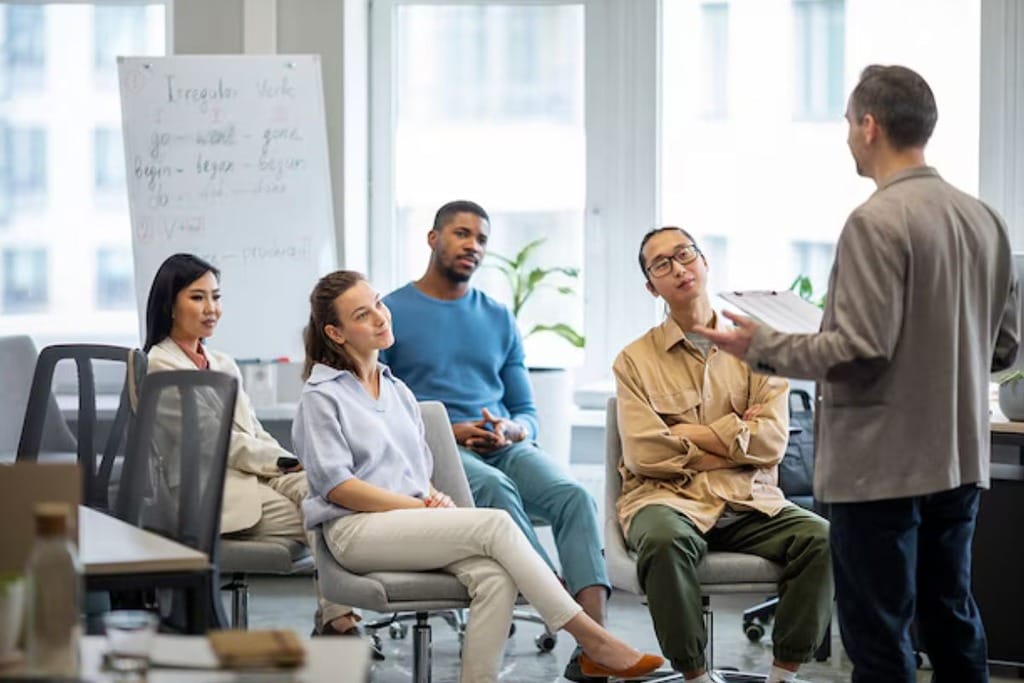 Office team brainstorming in a modern workspace with natural light and greenery in the background.