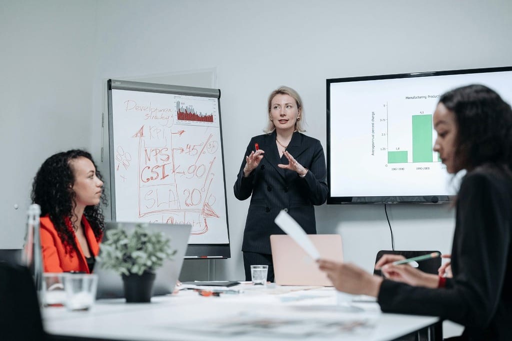 Female presenter explaining a development strategy with a flip chart and screen display.