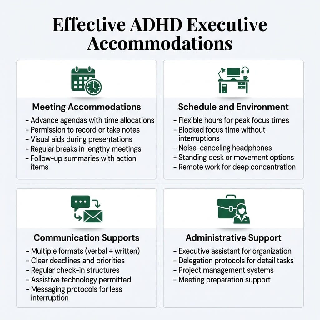 Four categories of effective ADHD executive accommodations: meeting accommodations, schedule and environment, communication supports, and administrative support