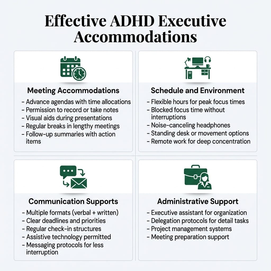Four categories of effective ADHD executive accommodations: meeting accommodations, schedule and environment, communication supports, and administrative support
