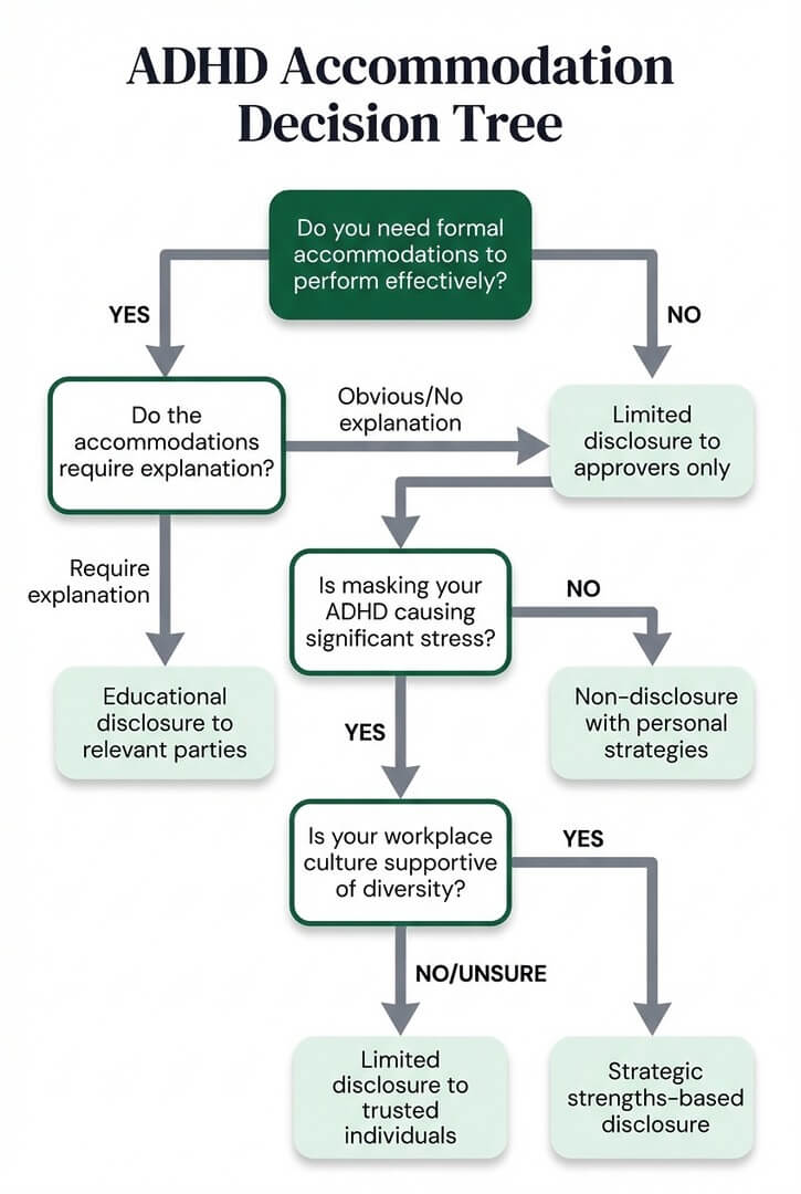 ADHD accommodation decision tree flowchart guiding executives through disclosure choices based on accommodation needs, masking stress, and workplace culture