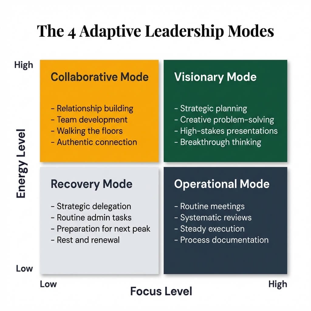 The four adaptive leadership modes for ADHD executives plotted on energy and focus axes: visionary mode, collaborative mode, operational mode, and recovery mode with key activities for each