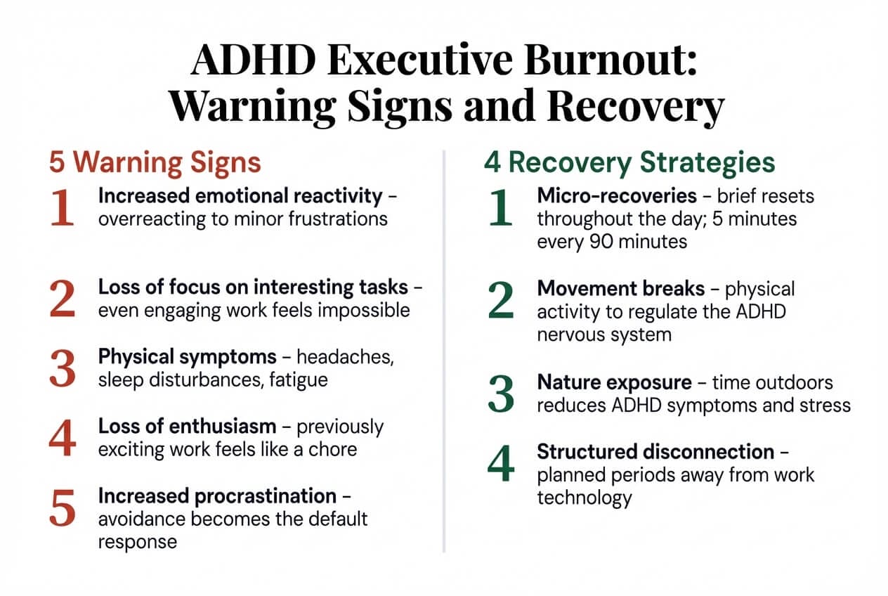 ADHD executive burnout warning signs and recovery strategies: five warning signs including increased emotional reactivity and loss of focus paired with four recovery strategies including micro-recoveries and structured disconnection