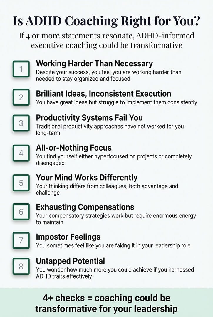 Self-assessment checklist with 8 signs that ADHD-informed executive coaching could be transformative for your leadership