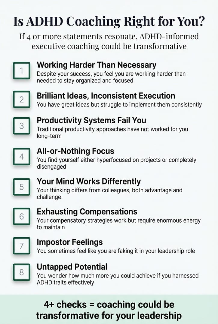 Self-assessment checklist with 8 signs that ADHD-informed executive coaching could be transformative for your leadership