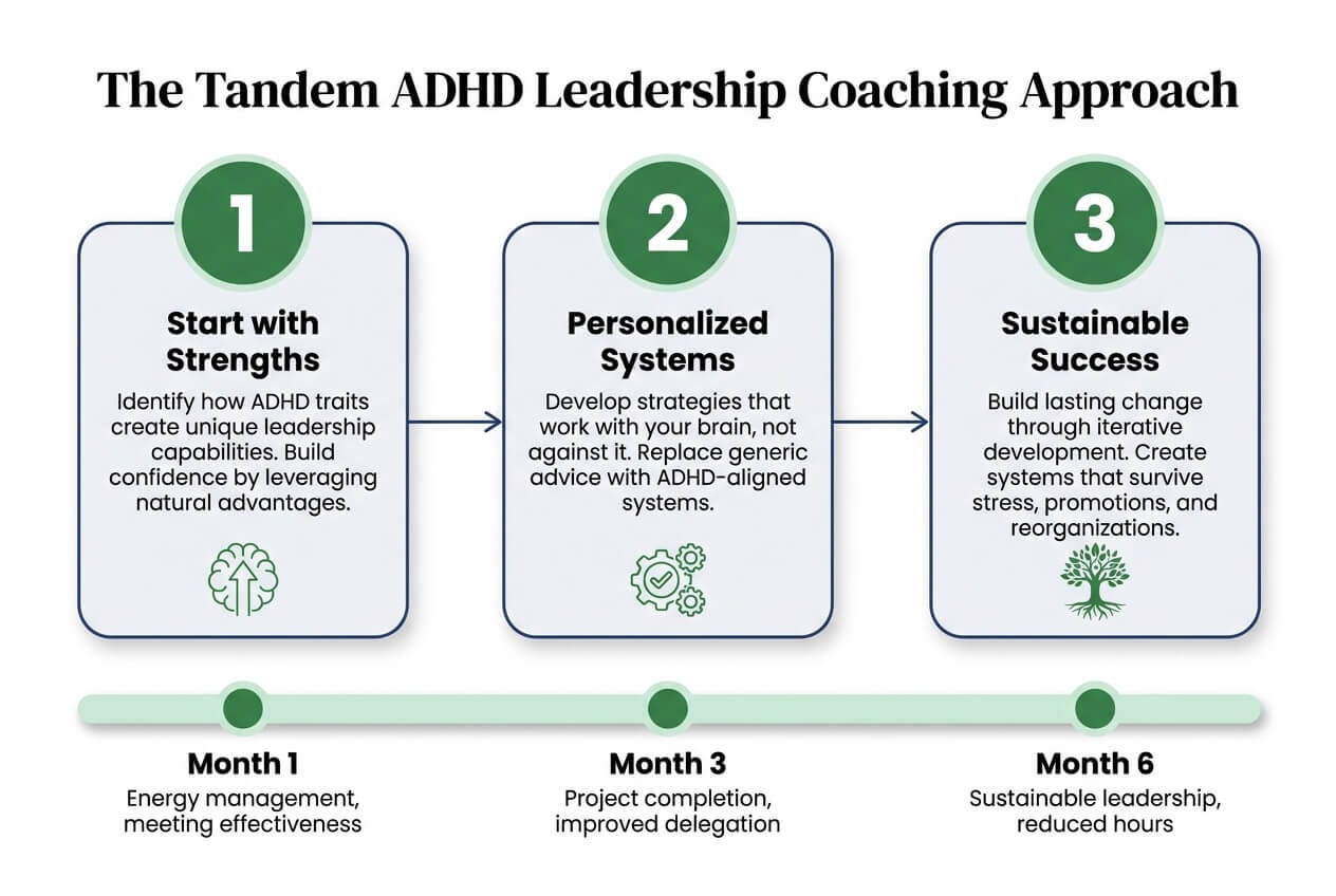 The Tandem ADHD leadership coaching approach in three phases from strengths identification through personalized systems to sustainable success over 6 months