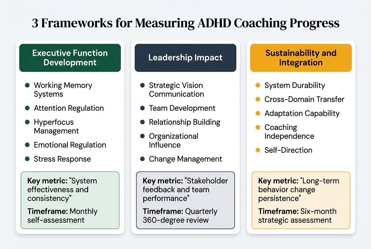 Three frameworks for measuring ADHD coaching progress: executive function development with monthly self-assessment, leadership impact with quarterly 360-degree review, and sustainability with six-month strategic assessment
