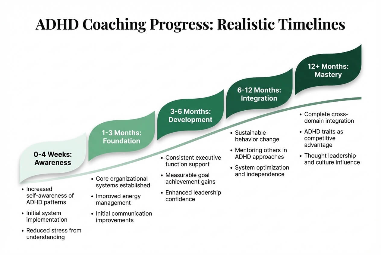 ADHD coaching progress realistic timelines showing five phases from awareness at 0-4 weeks through foundation, development, integration, to mastery at 12 plus months