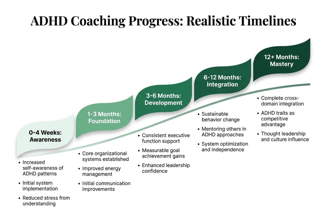 ADHD coaching progress realistic timelines showing five phases from awareness at 0-4 weeks through foundation, development, integration, to mastery at 12 plus months