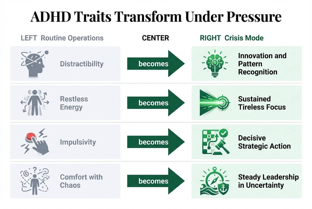 How ADHD traits transform under pressure: distractibility becomes innovation, restless energy becomes sustained focus, impulsivity becomes decisive action, and comfort with chaos becomes steady leadership