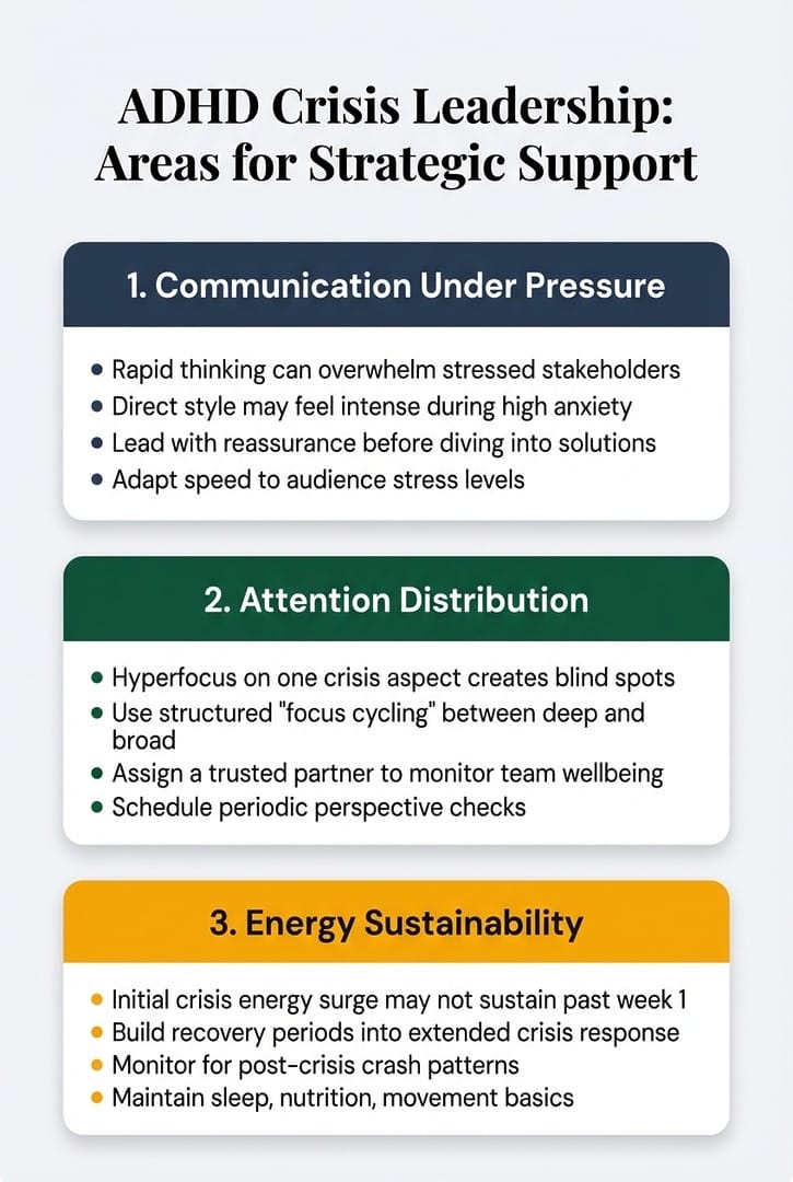 Three areas of strategic support for ADHD crisis leaders: communication under pressure, attention distribution, and energy sustainability