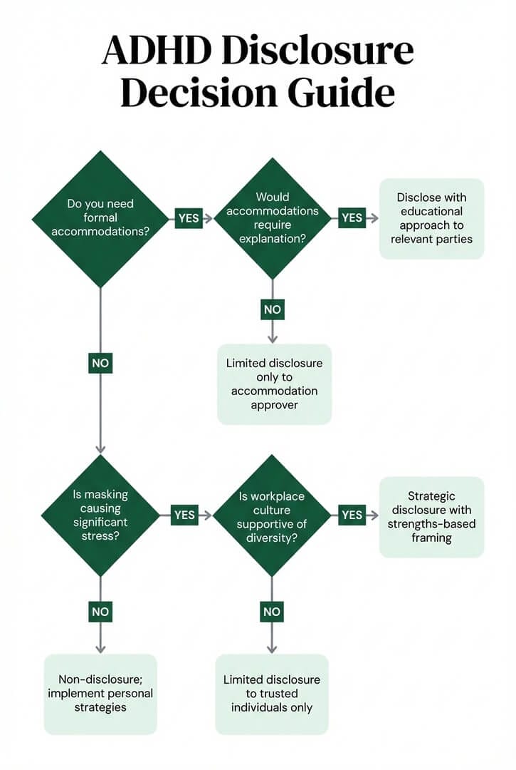 ADHD disclosure decision guide flowchart helping executives navigate whether to disclose based on accommodation needs, masking stress, and workplace culture supportiveness