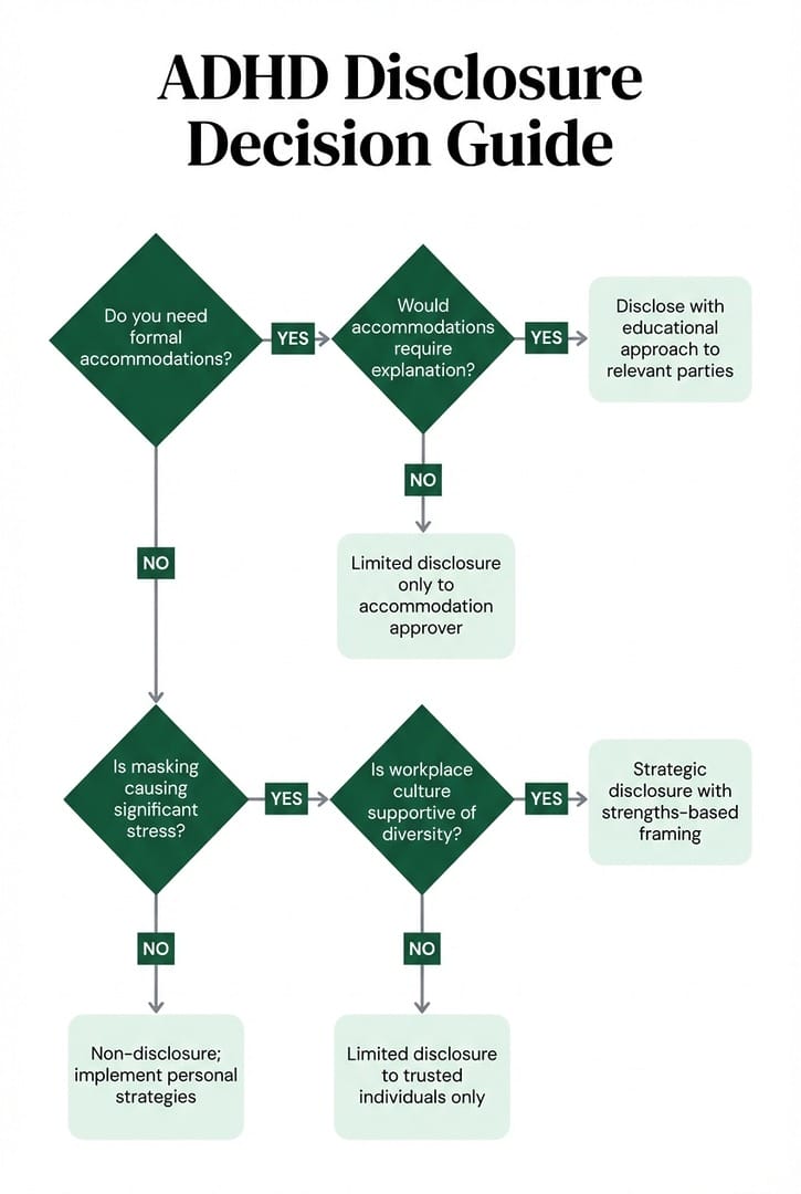 ADHD disclosure decision guide flowchart helping executives navigate whether to disclose based on accommodation needs, masking stress, and workplace culture supportiveness