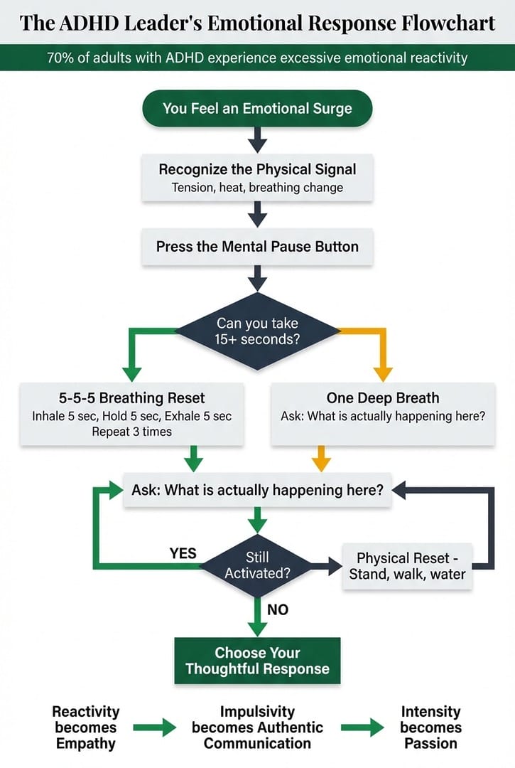 ADHD leader emotional response flowchart from recognizing physical signals through the pause button method to choosing a thoughtful response, transforming reactivity into empathy