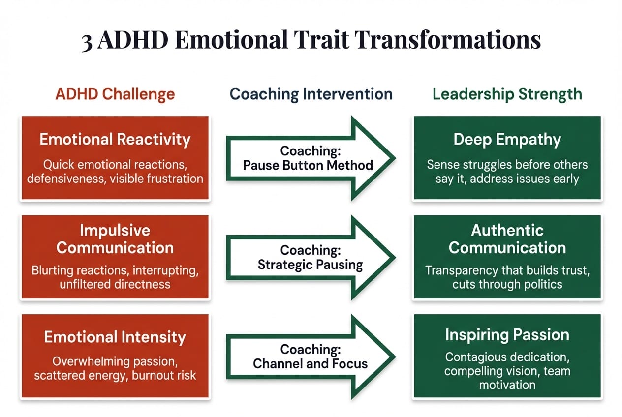 Three ADHD emotional trait transformations through coaching: reactivity becomes empathy, impulsive communication becomes authentic communication, and emotional intensity becomes inspiring passion