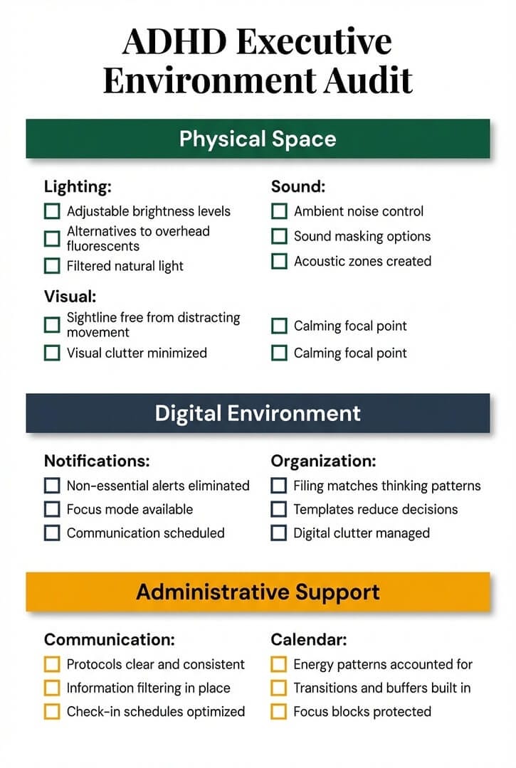 ADHD executive environment audit checklist covering physical space, digital environment, and administrative support categories with items for lighting, sound, notifications, and calendar management