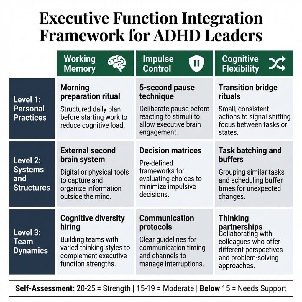 Executive function integration framework for ADHD leaders showing strategies across working memory, impulse control, and cognitive flexibility at personal, systems, and team levels