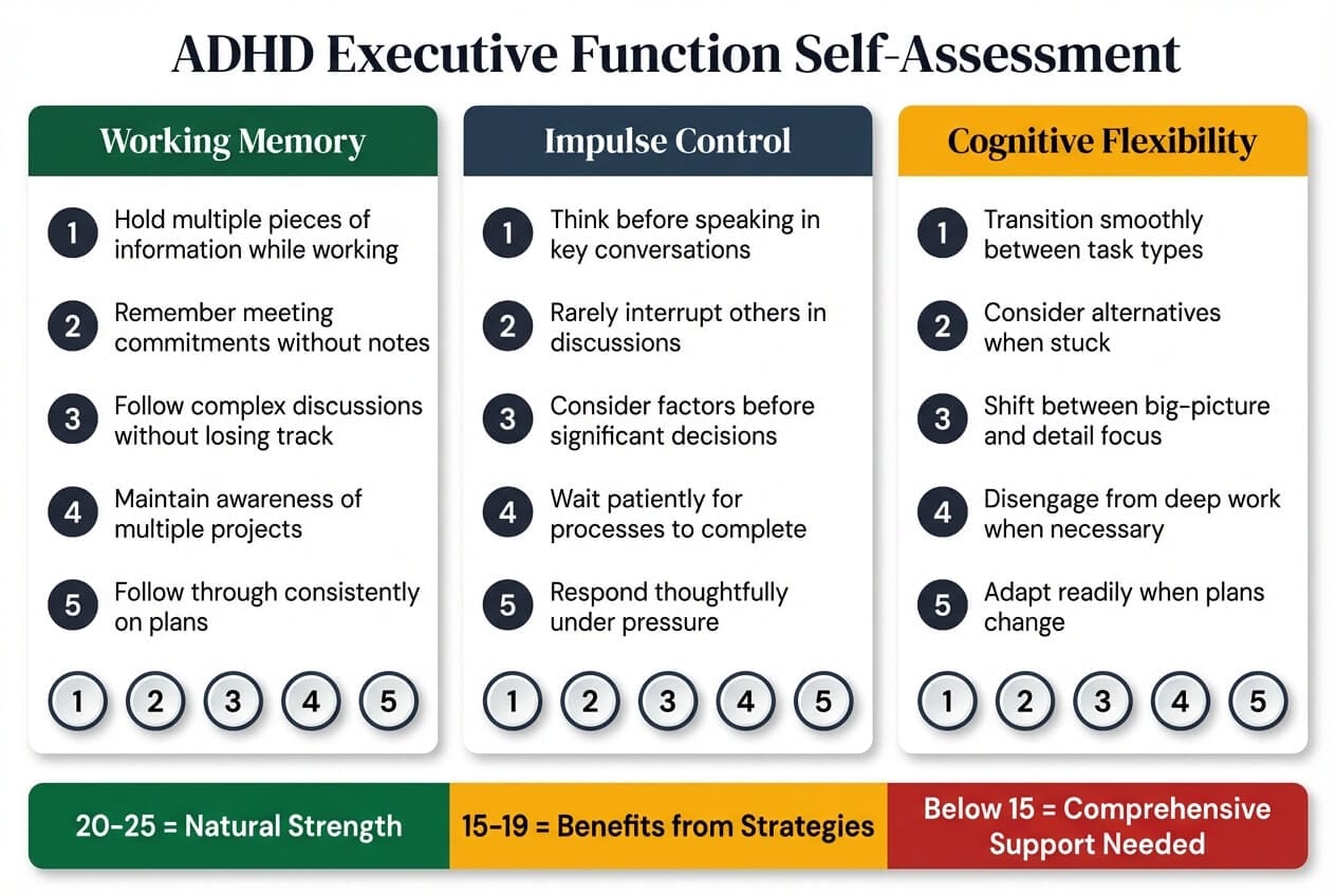 ADHD executive function self-assessment scorecard with 15 items across working memory, impulse control, and cognitive flexibility domains
